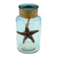 Turquoise Jute Wrapped Bottle With Pewter Starfish Icon 4.75 Inches   